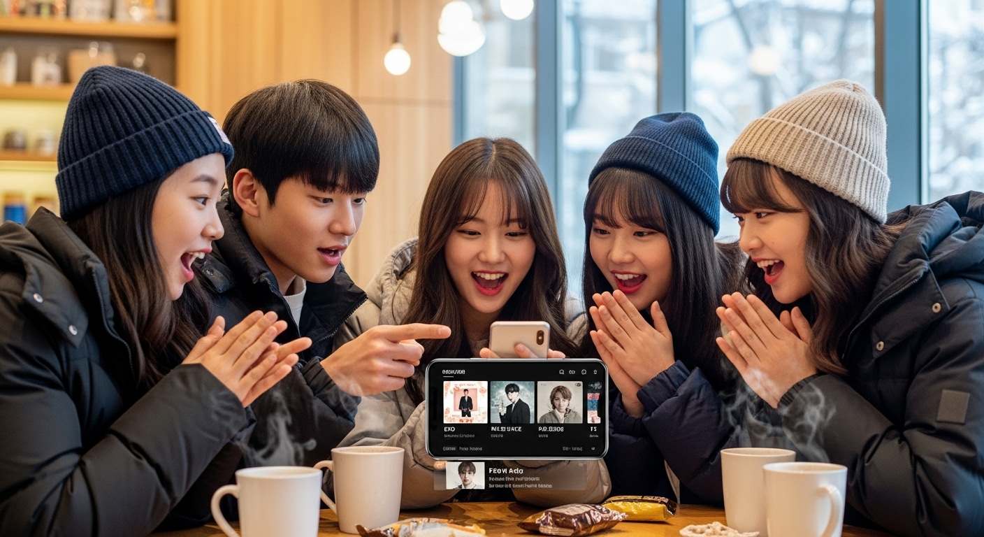 한국의 젊은이들이 인기 있는 겨울 K-POP 곡을 듣고 토론하는 모습