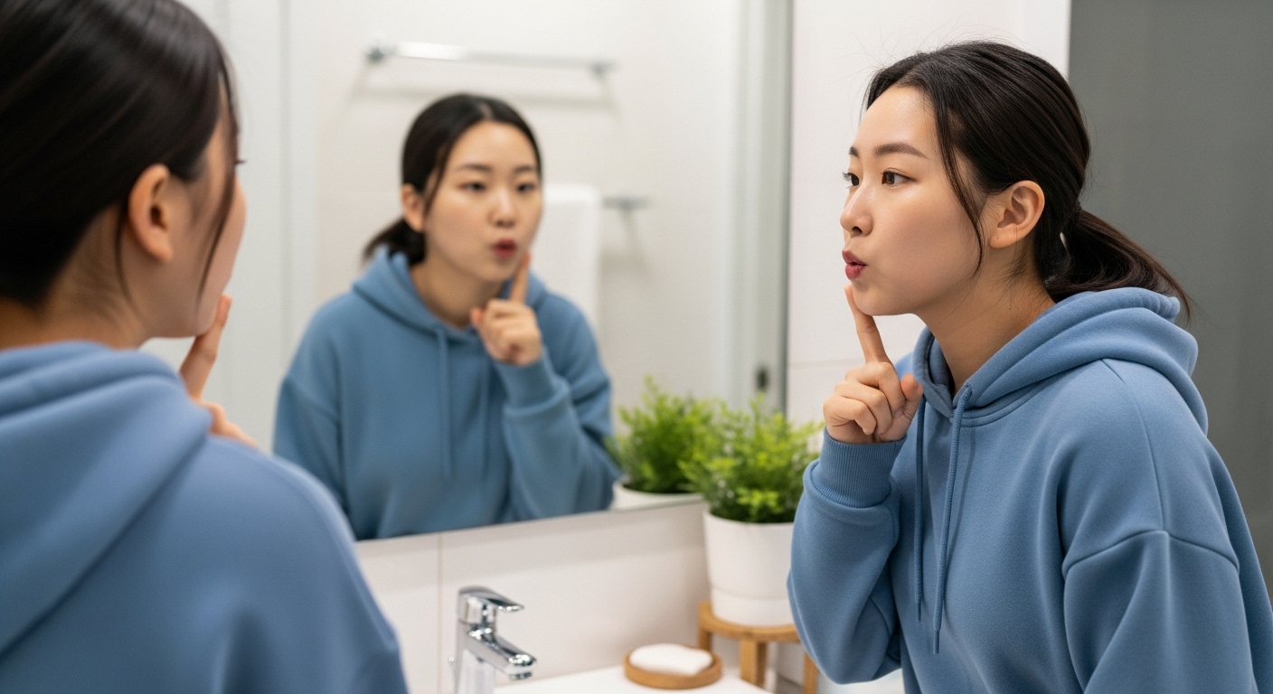 거울 앞에서 잠시 멈추는 소리에 집중하며 발음을 연습하는 모습