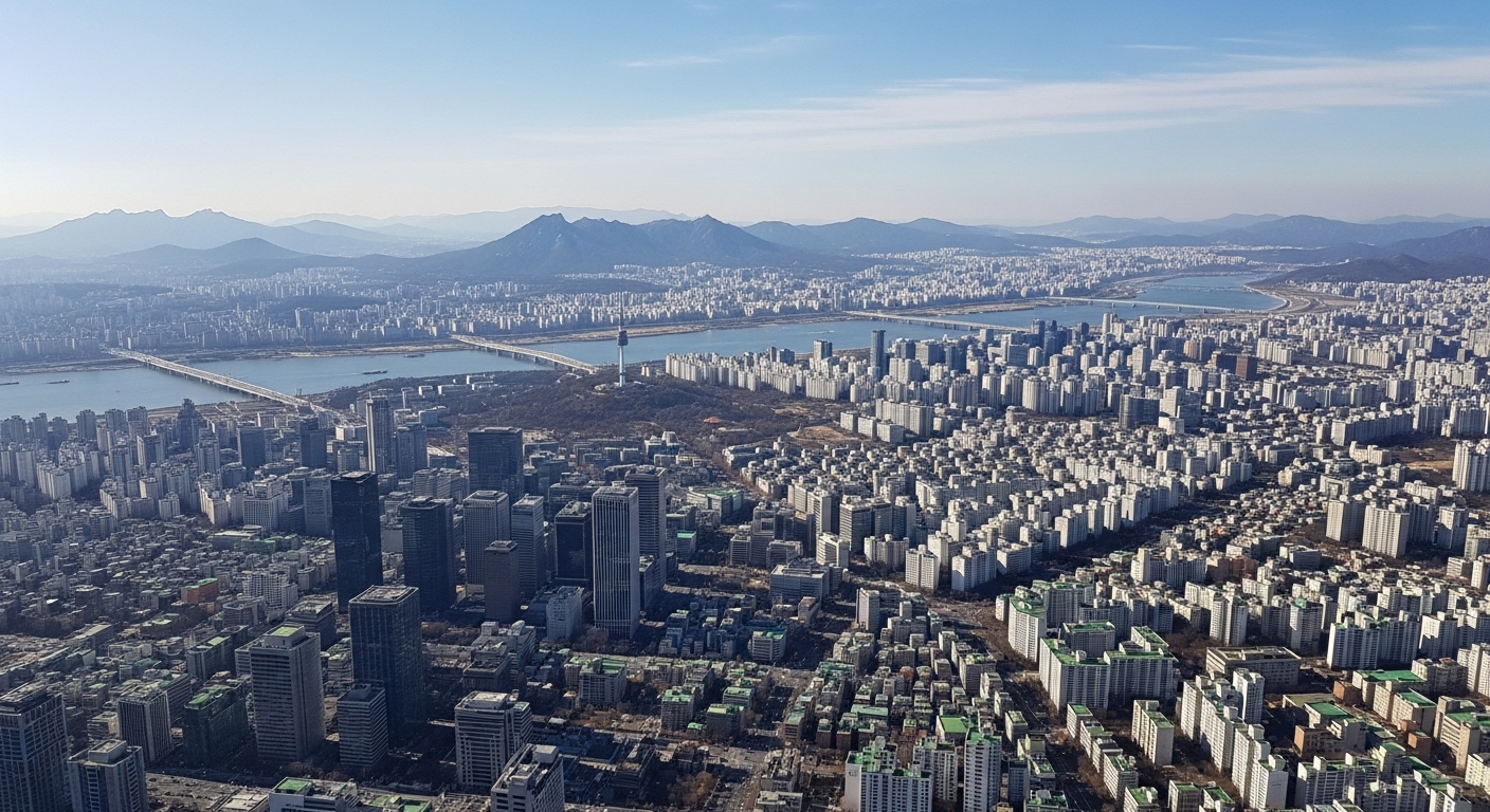 맑은 날 서울스카이에서 바라본 남산타워와 먼 산맥