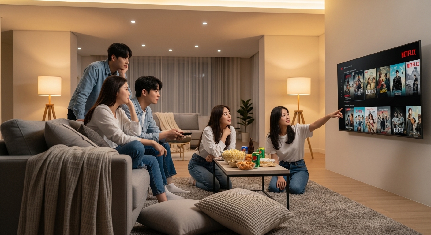 현대적인 거실에서 큰 스마트 TV로 넷플릭스를 탐색하는 젊은 성인들