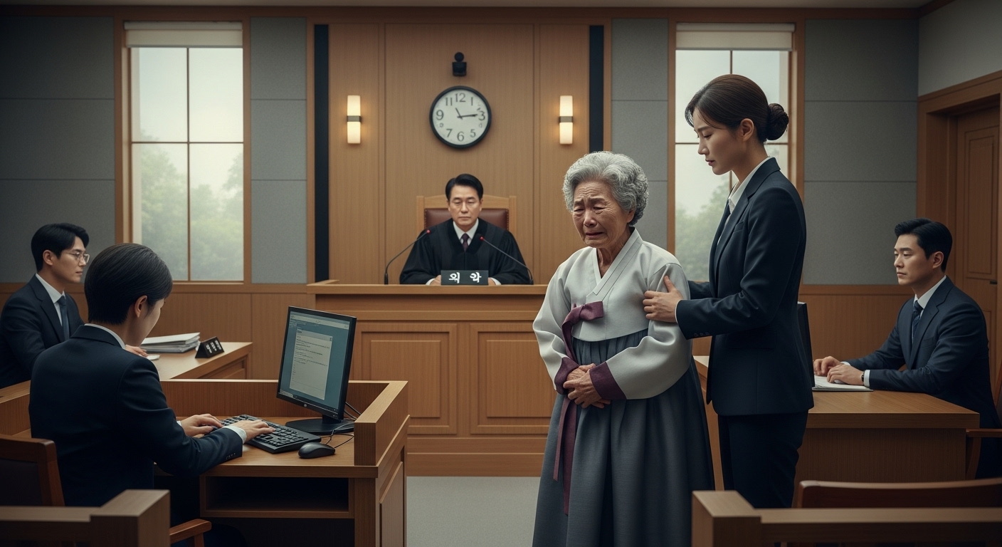 법정에서 재심을 받고 있는 나이 든 여성의 감동적인 순간