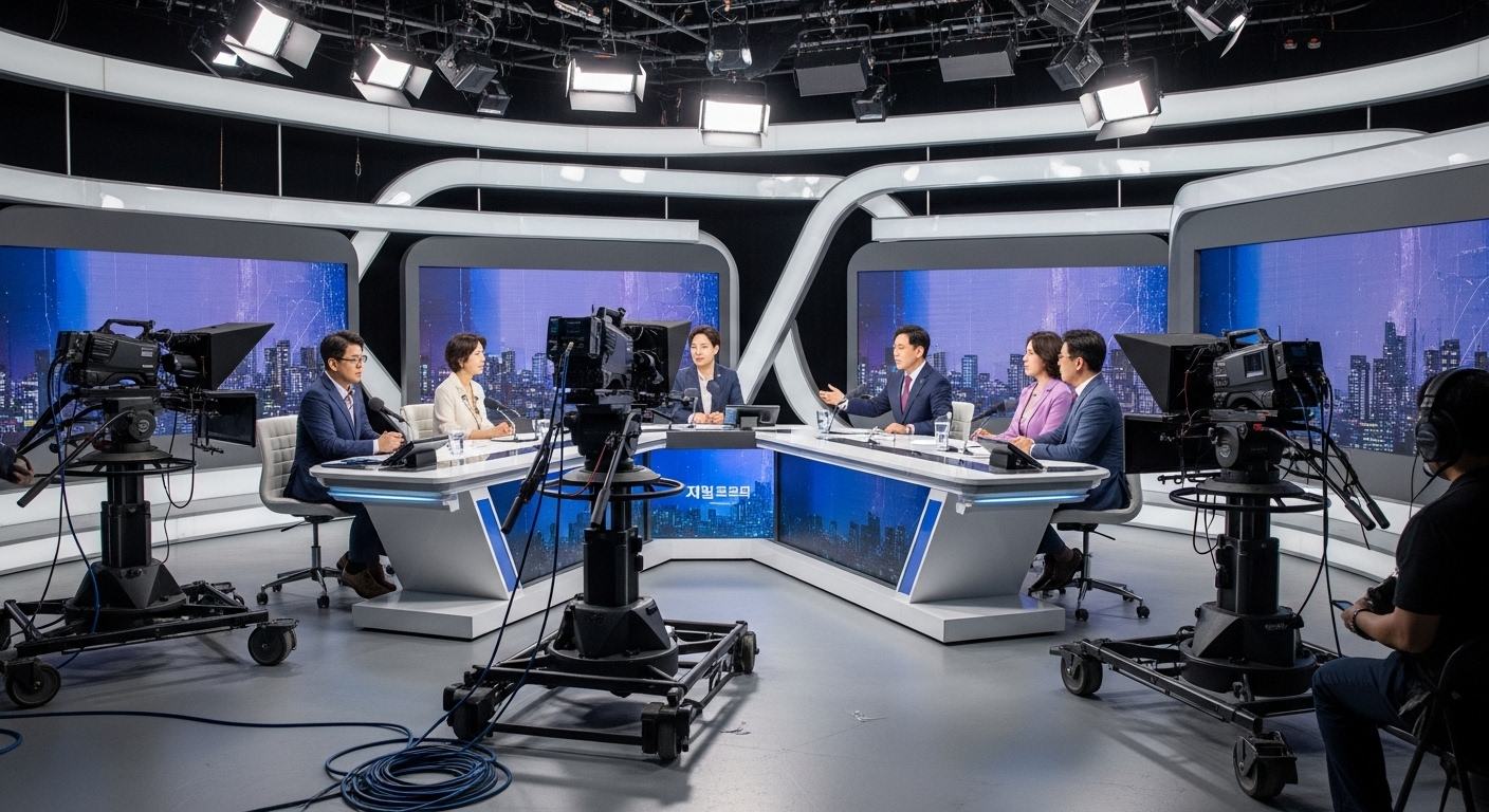 전문가와 진행자가 앉아 있는 활기찬 분위기의 한국 TV 스튜디오 세트