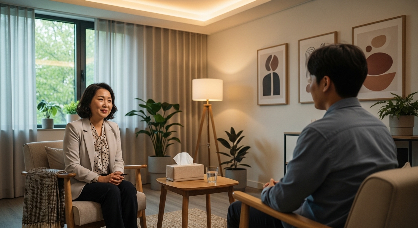 따뜻한 조명 아래 개인 상담을 진행하는 한국 심리학자
