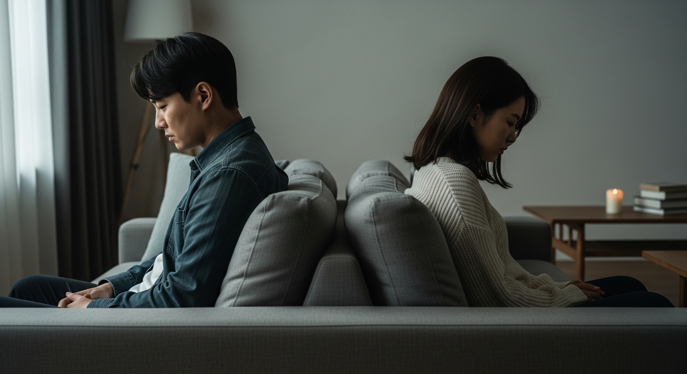 감정적 거리감을 보여주는 소파 양끝에 앉아 있는 두 사람