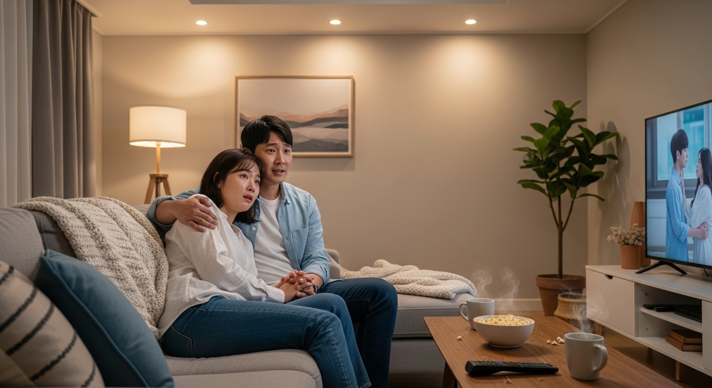 커플이 거실 소파에서 감정이입하며 연애 리얼리티 프로그램을 시청하는 모습