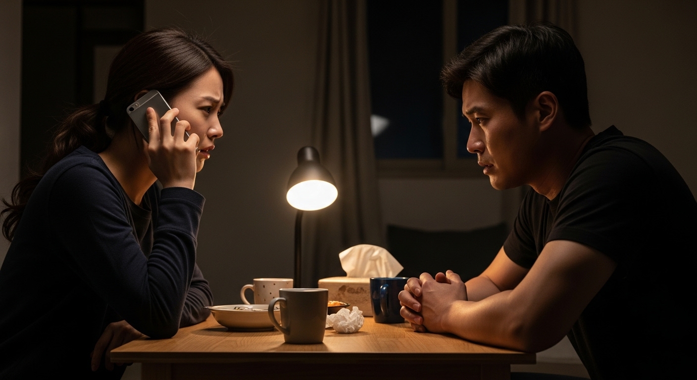 밤에 전화로 진지한 대화를 나누는 한국인 커플의 긴장된 모습