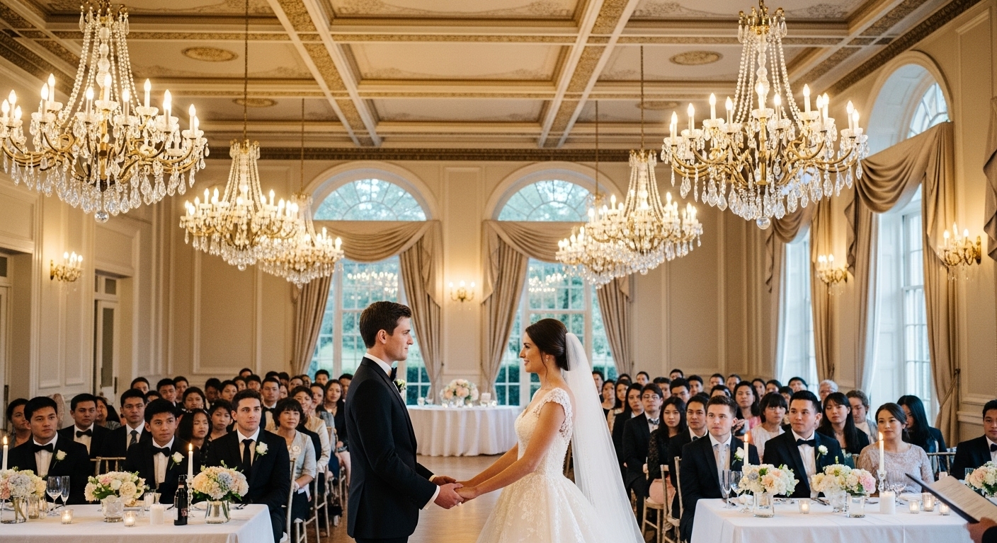 화려한 웨딩홀에서 검정 턱시도의 신랑과 흰 드레스를 입은 신부가 서약하는 모습
