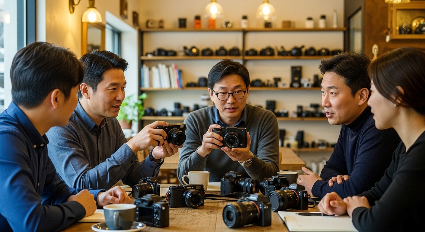 현대적인 카메라가 테이블 위에 놓여 있는 가운데 카페에서 리코 GR3 HDF에 대해 토론하는 카메라 애호가들의 모습