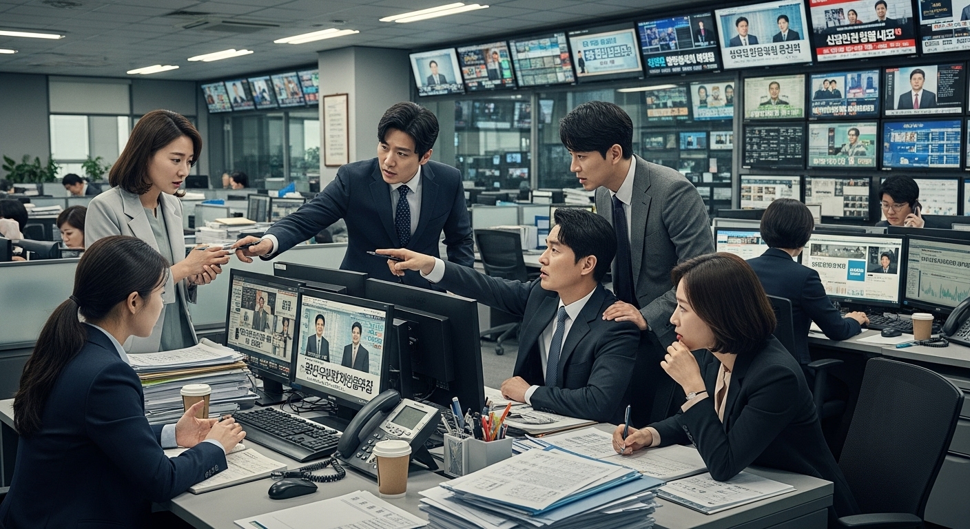 뉴스룸에서 긴장된 모습으로 뉴스 기사를 작성하는 기자들