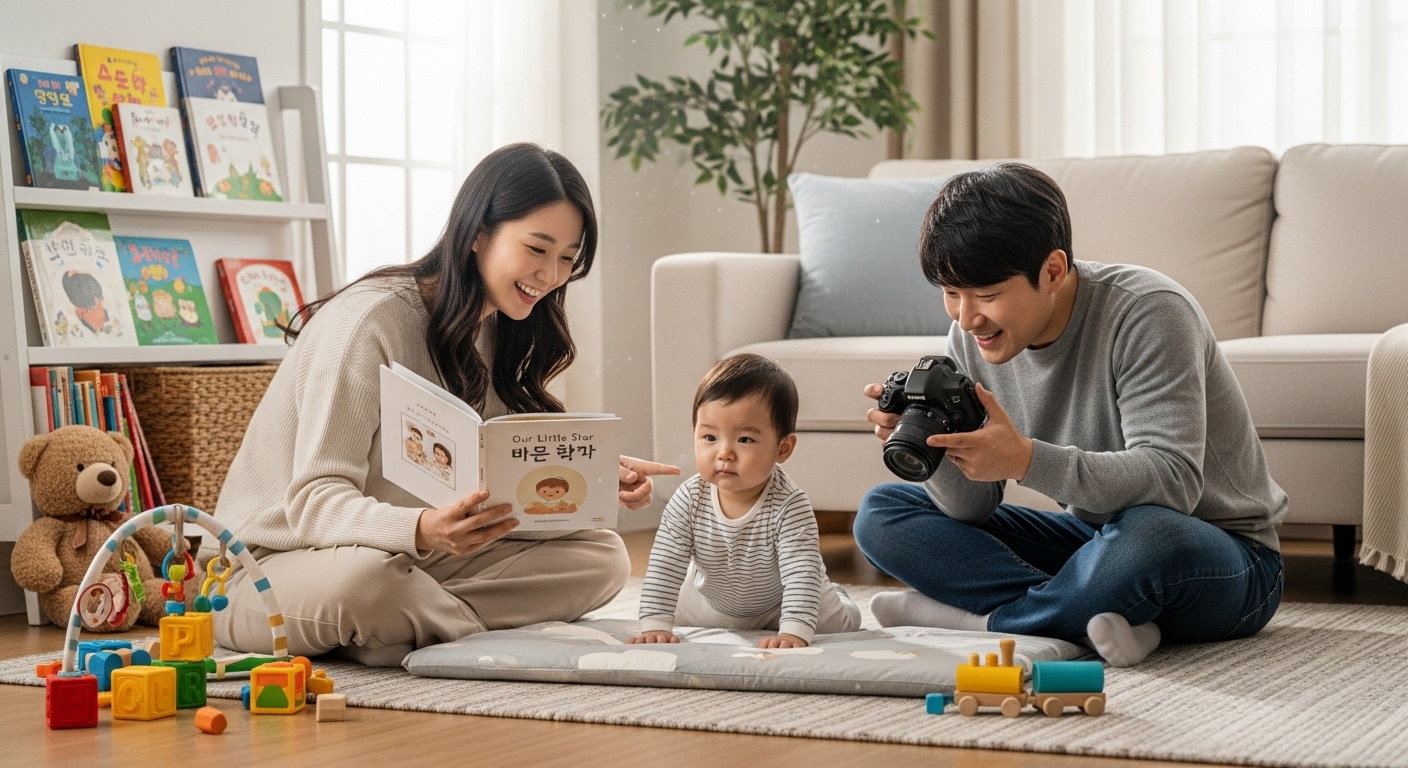 거실에서 아기의 성장을 기록하고 있는 행복한 가족의 모습