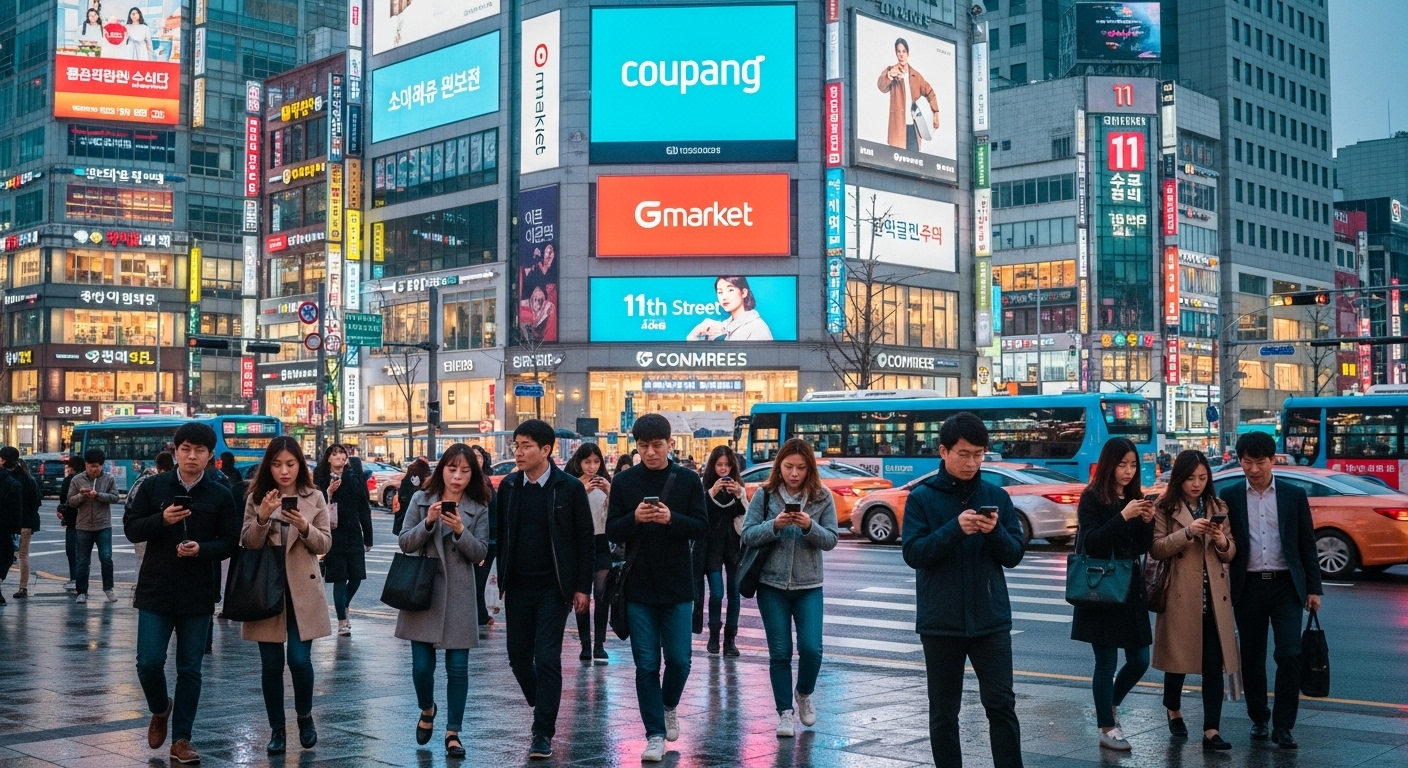 번화한 거리에서 디지털 광고판을 통해 이커머스 플랫폼 광고를 보고 있는 사람들