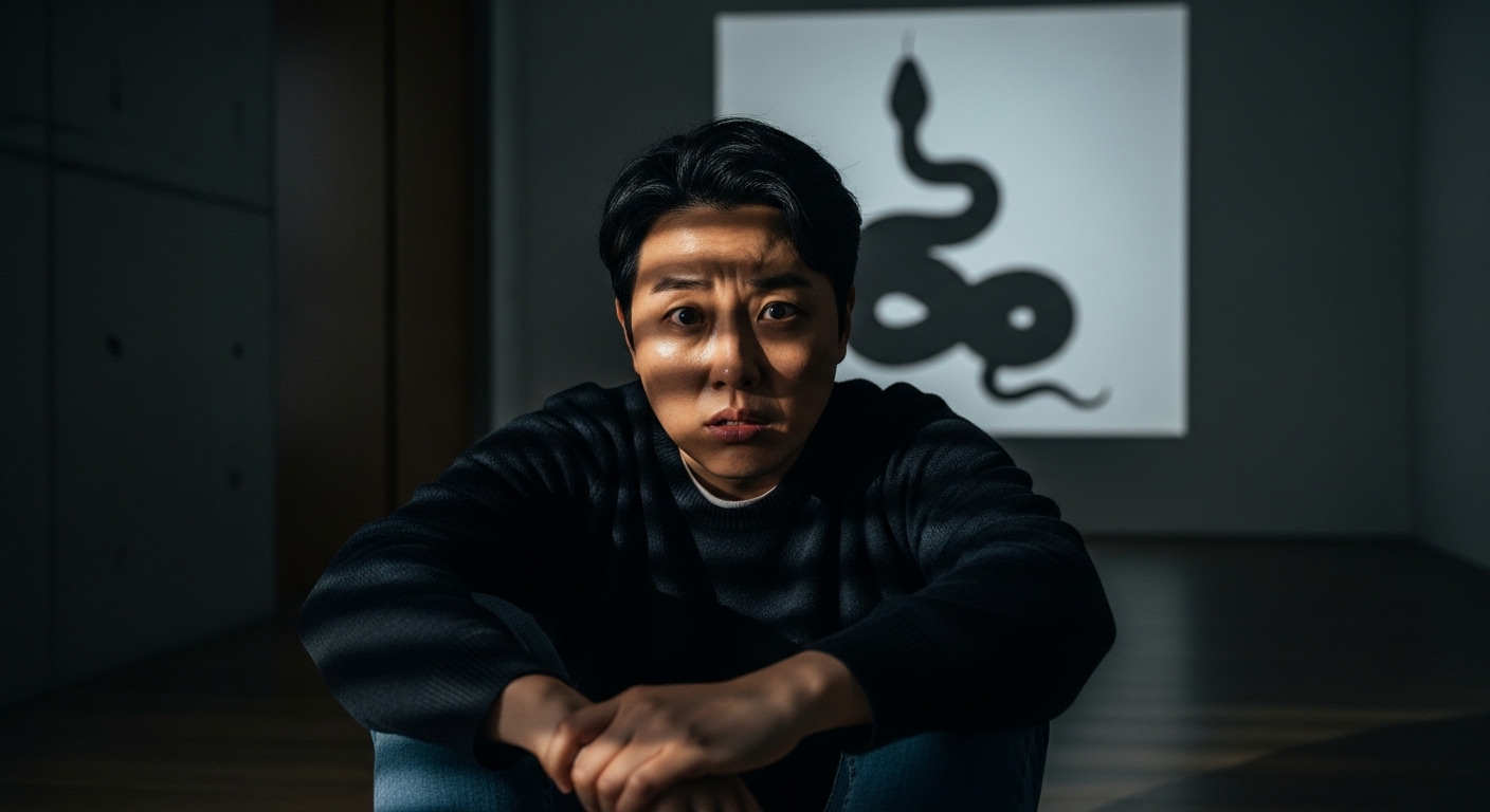 어두운 방에서 그림자처럼 보이는 뱀을 배경으로 호기심과 불안을 느끼는 현대적인 인물