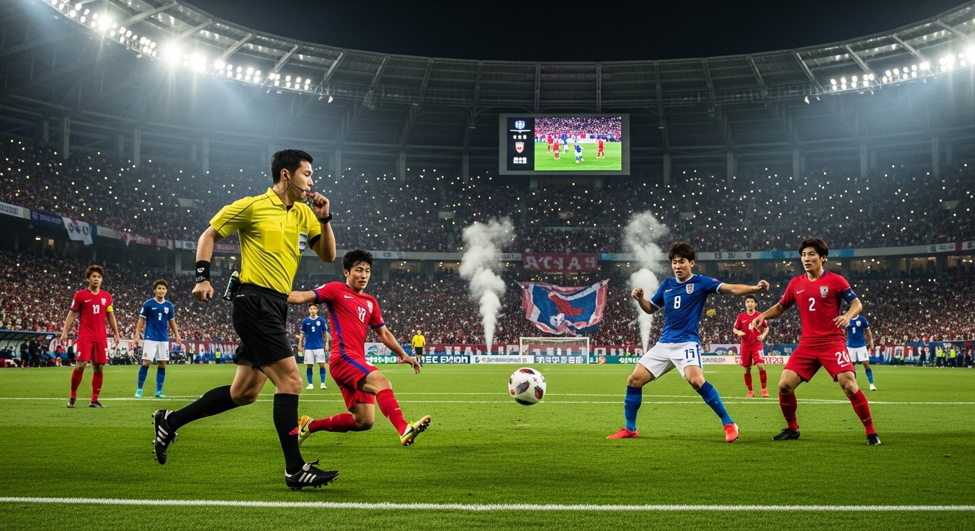 축구 경기장에서 선수들과 심판이 주목받는 장면