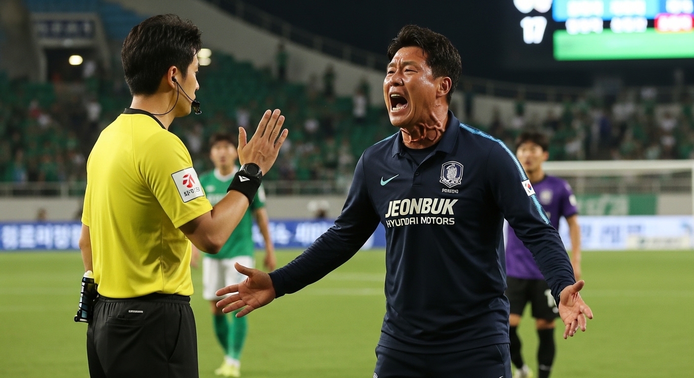 판정에 항의하는 한국 축구 코치의 모습