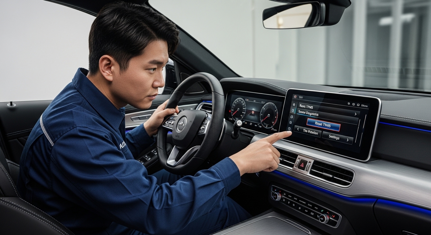 첨단 차량 내 인포테인먼트 시스템 메뉴를 사용하여 TPMS 시스템을 초기화하는 기술자