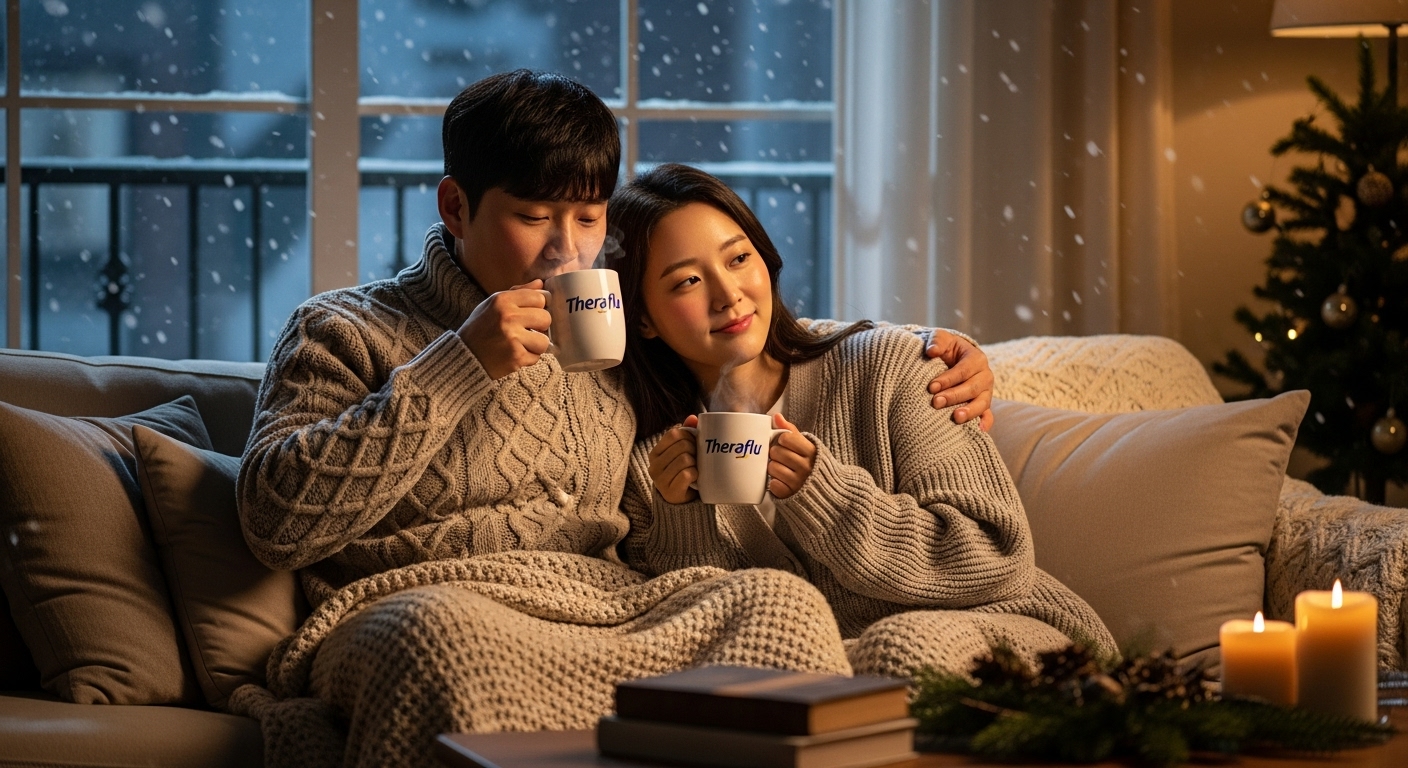 겨울철 소파에 앉아 함께 테라플루를 마시며 편안함을 느끼는 커플