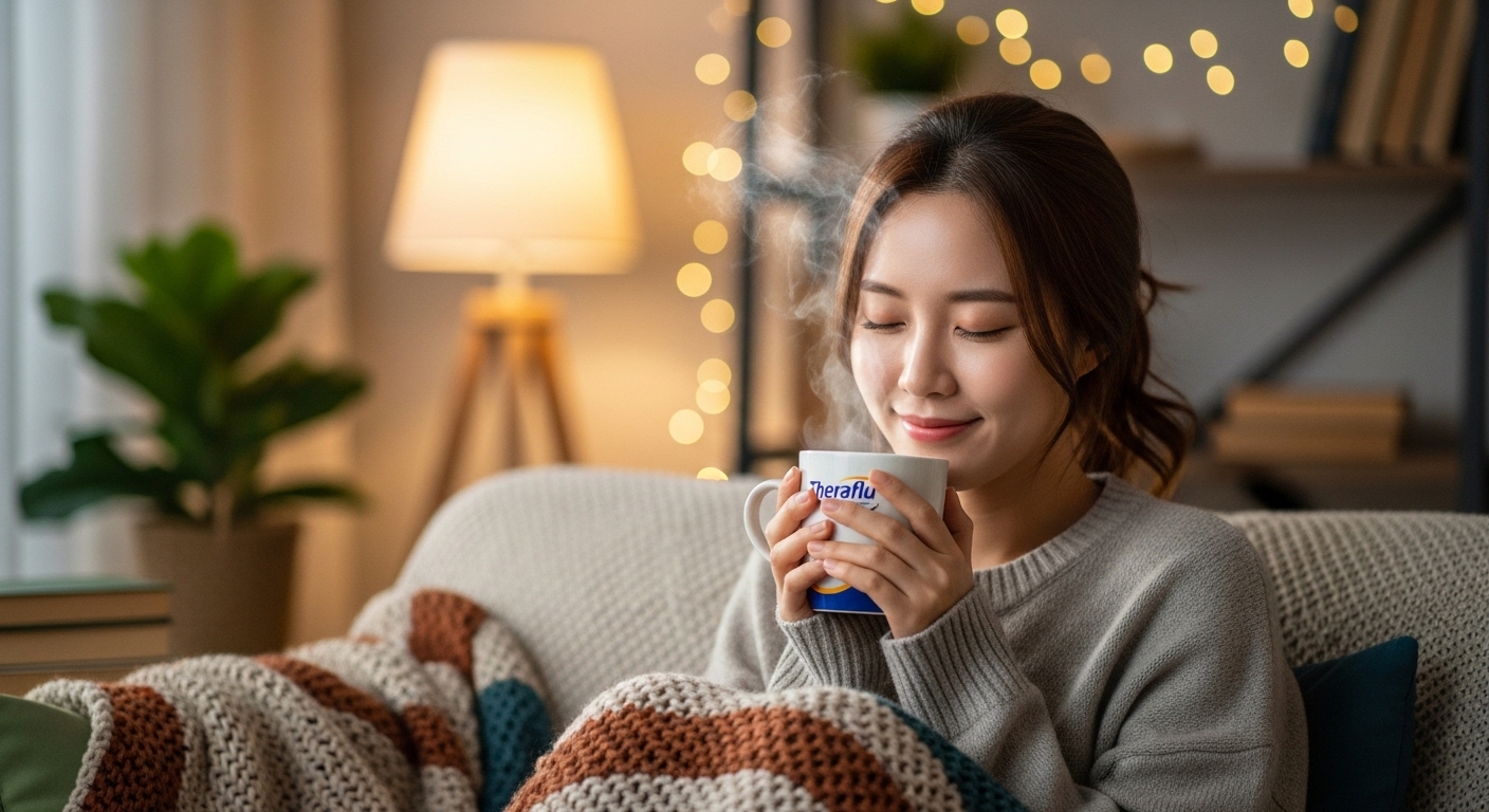 젊은 여성이 따뜻한 테라플루를 마시며 편안함을 느끼는 실내 장면