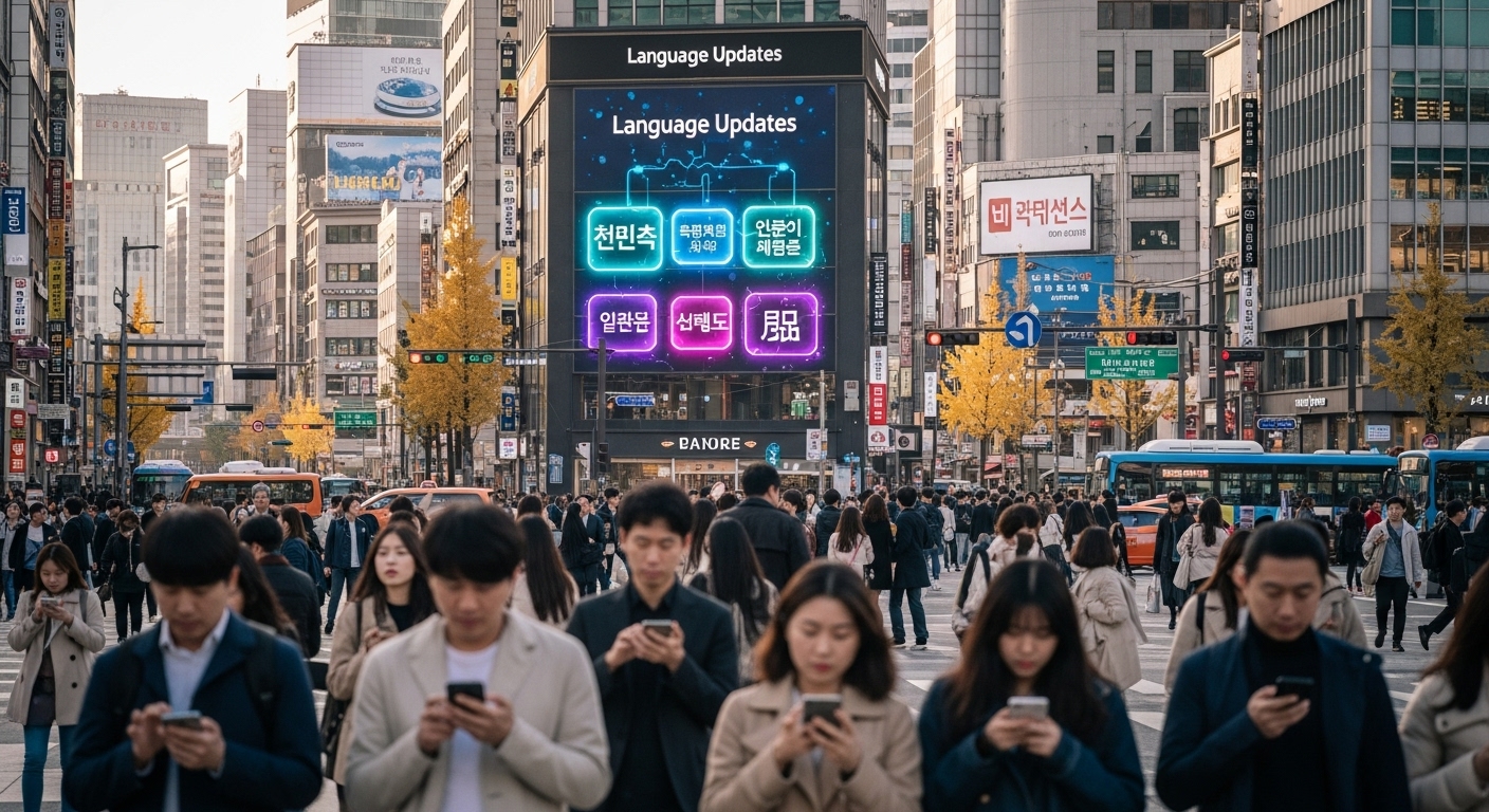 서울 거리에서 사람들이 스마트폰으로 소통하고 있는 모습과 언어 업데이트가 표시된 디지털 광고판