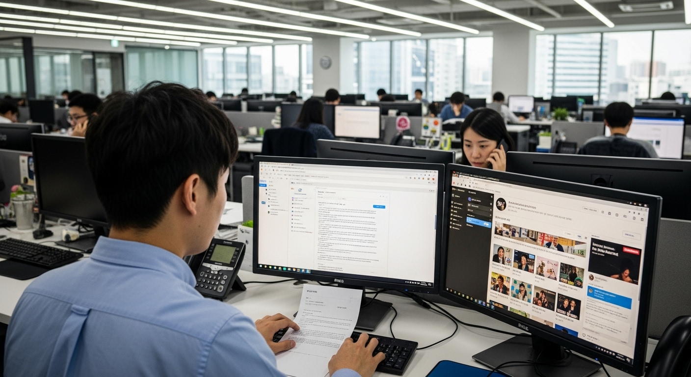 사무실에서 직원이 이메일 작성 및 소셜 미디어를 확인하며 다양한 언어 사용 예시를 보고 있는 장면
