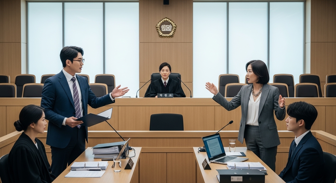 현대적인 한국 법정에서의 긴장된 분위기와 치열한 논쟁 장면