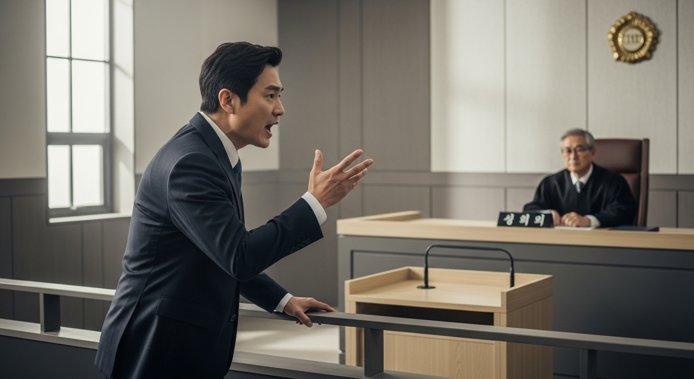 한국 변호사가 열띤 토론을 벌이는 법정 장면