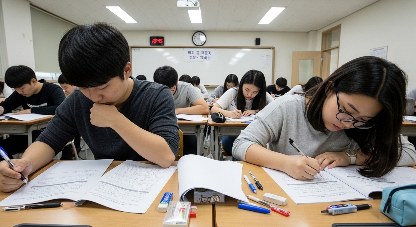 국어 시험을 치르는 학생들이 긴장된 표정으로 문제를 풀고 있는 교실 장면