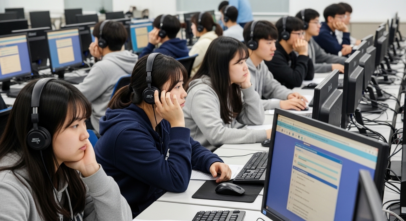 컴퓨터실에서 헤드폰을 쓰고 영어 듣기 평가를 진행하는 학생들