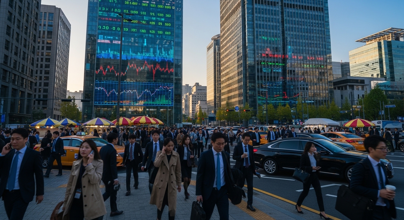 서울 금융 지구 거리에서 주식 시장 데이터를 반사하는 고층 건물과 분주한 전문가들