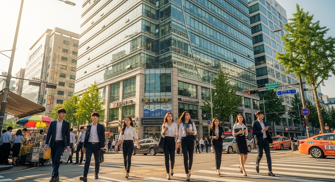 천안에 위치한 현대적인 사무실 건물과 바쁜 거리 풍경