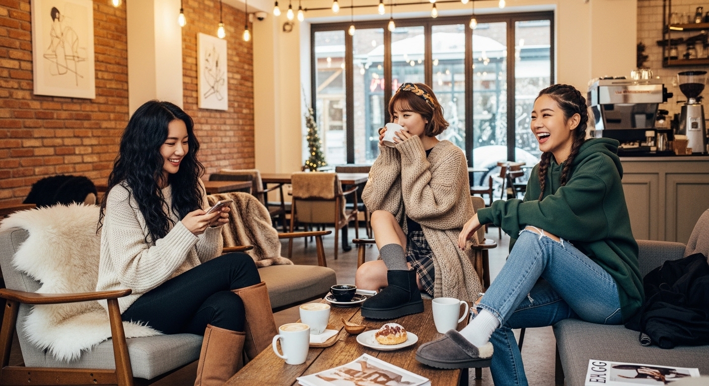 카페에서 최신 유행 어그 부츠를 신은 여성이 따뜻한 분위기를 연출하는 모습