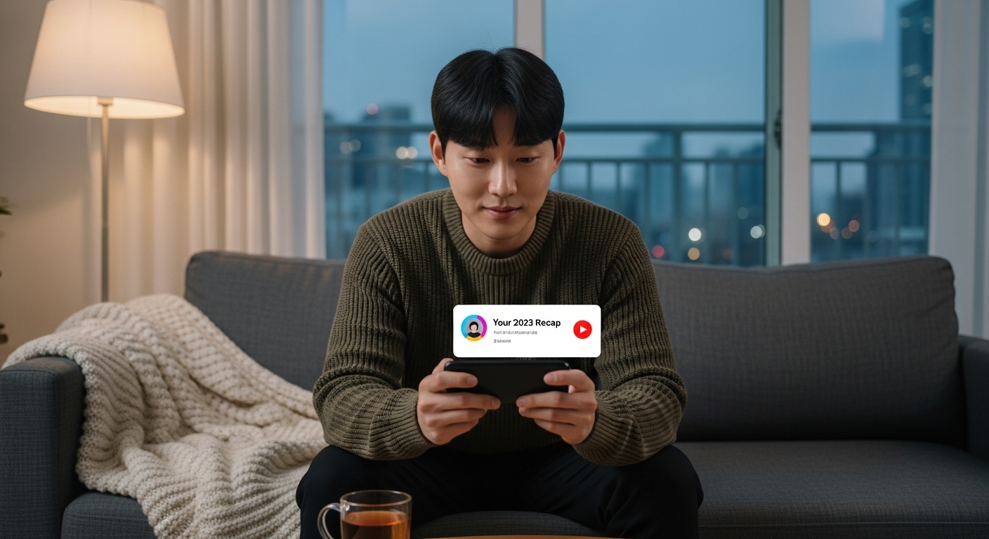 현대식 아파트에서 스마트폰으로 유튜브 리캡 알림을 확인하는 젊은 남성