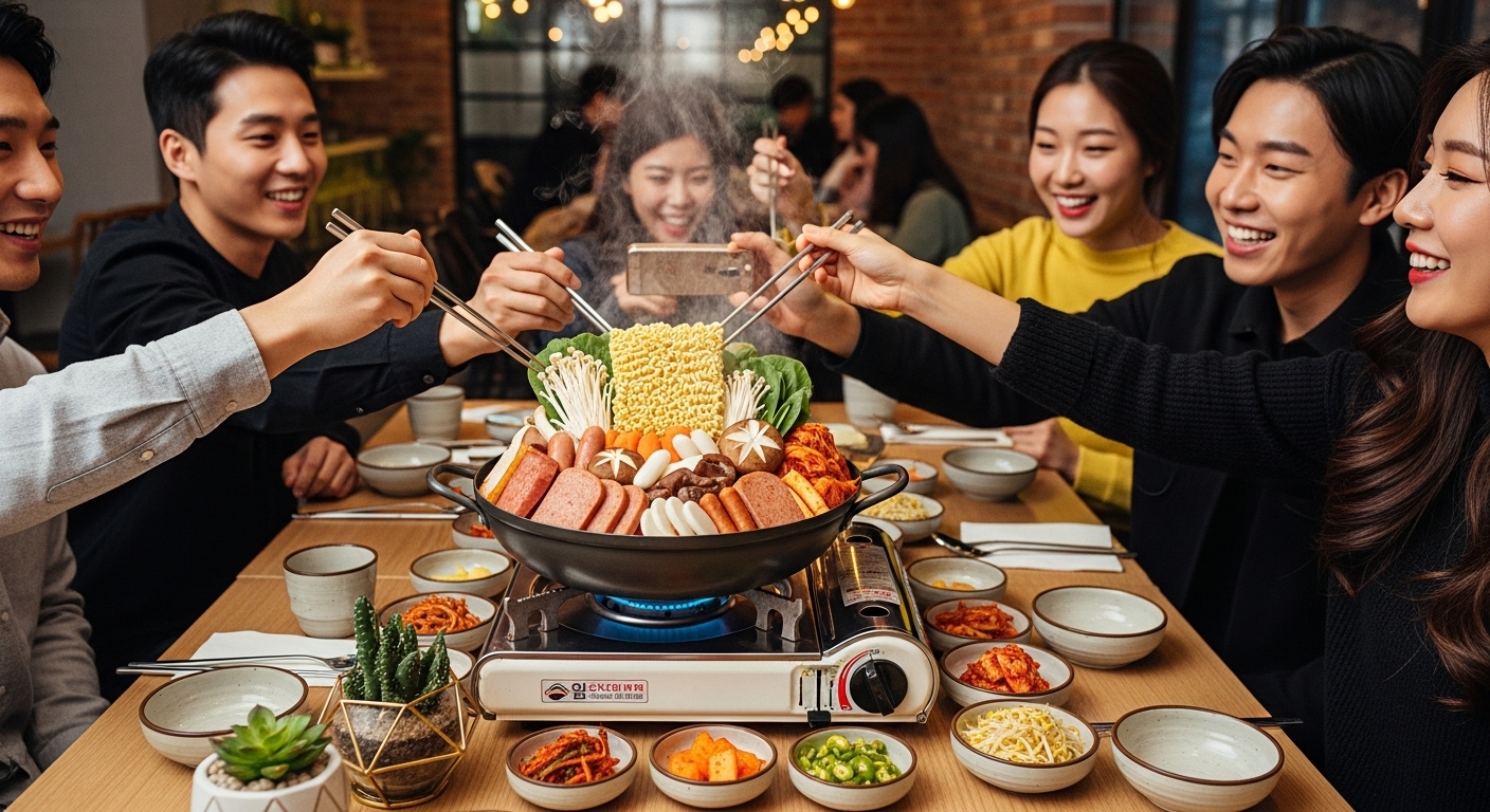 가족이 따뜻한 주방에서 햄과 소시지로 부대찌개를 끓이는 모습