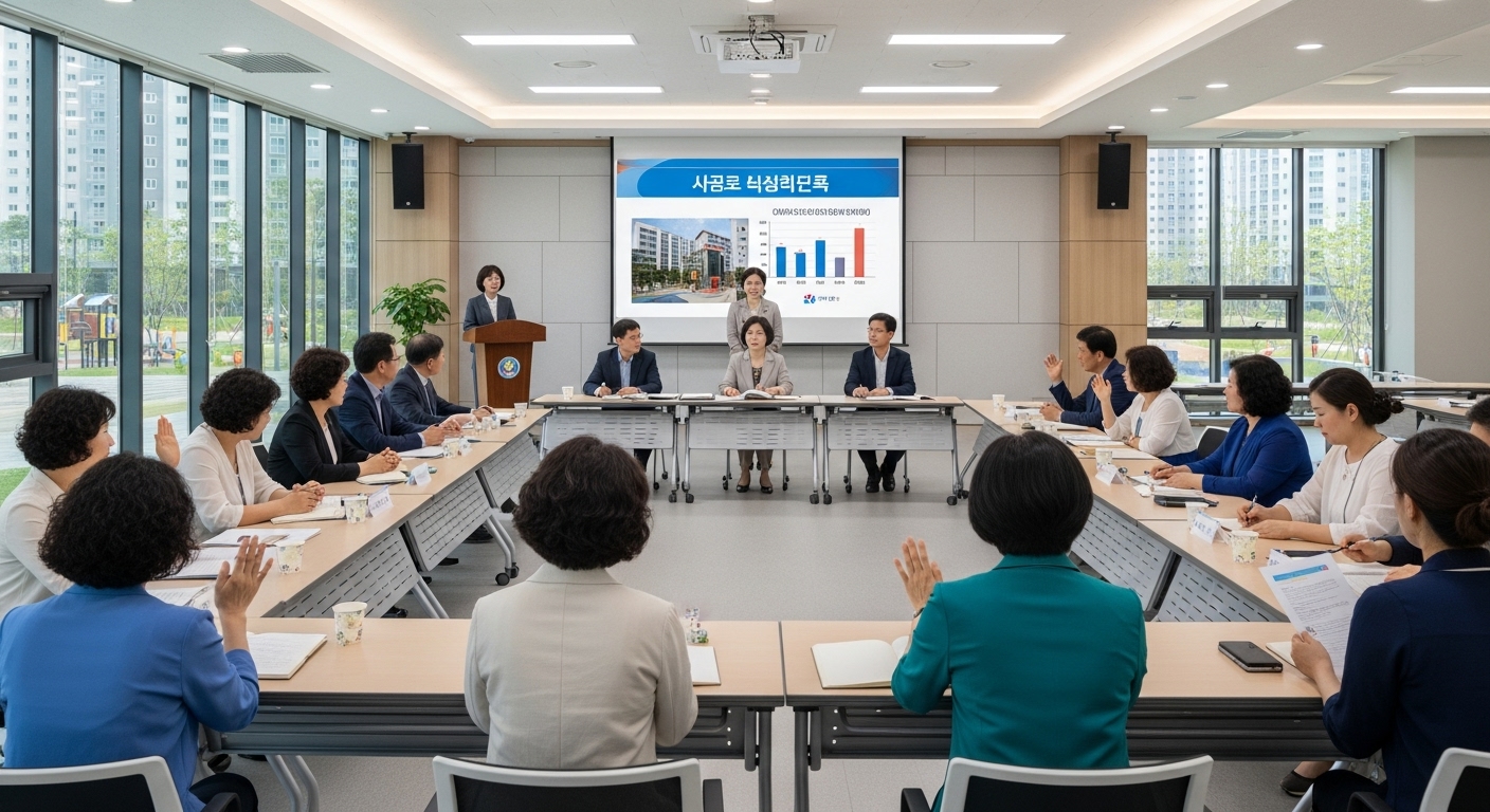 새로워진 소음 규정을 논의하는 공동주택 주민 회의 모습