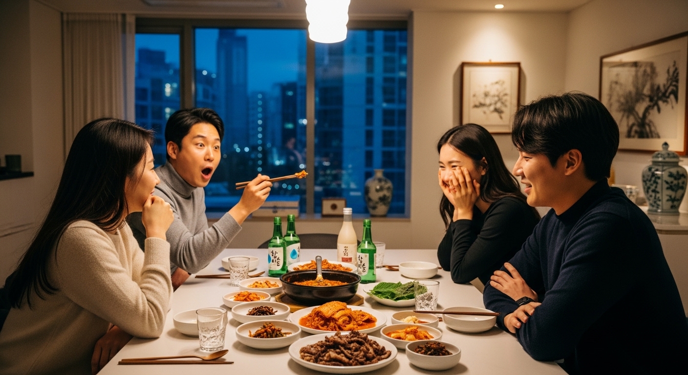 식탁에서 두 쌍의 부부가 긴장감 넘치는 상호작용을 하는 모습
