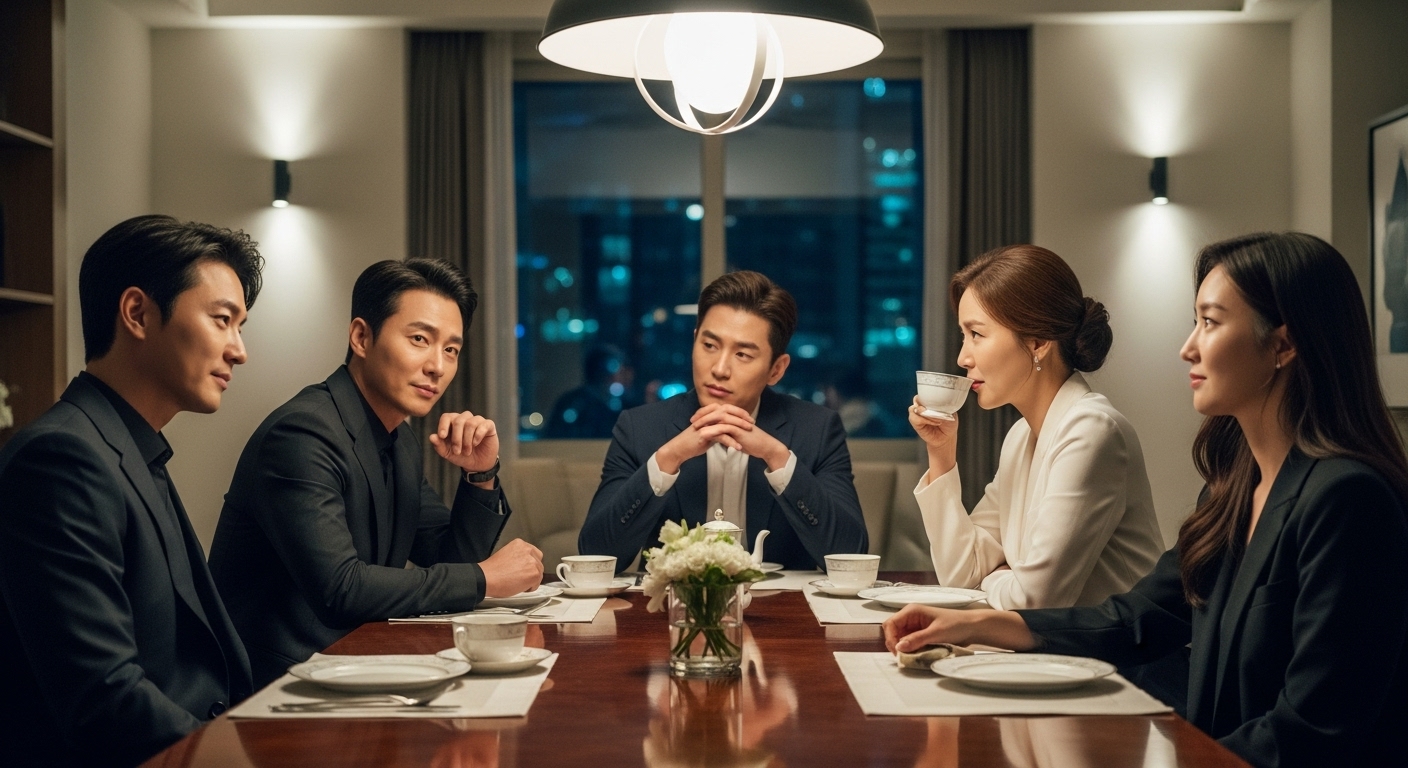 식탁에 둘러앉아 재치 있는 대화를 나누며 극적인 침묵을 유지하는 배우들의 모습