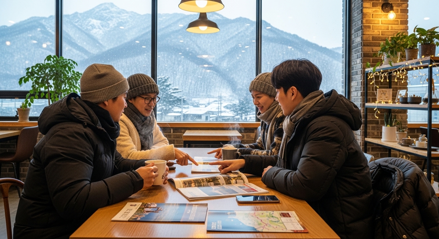 눈 덮인 산을 배경으로 카페에서 겨울 여행 계획을 세우는 사람들