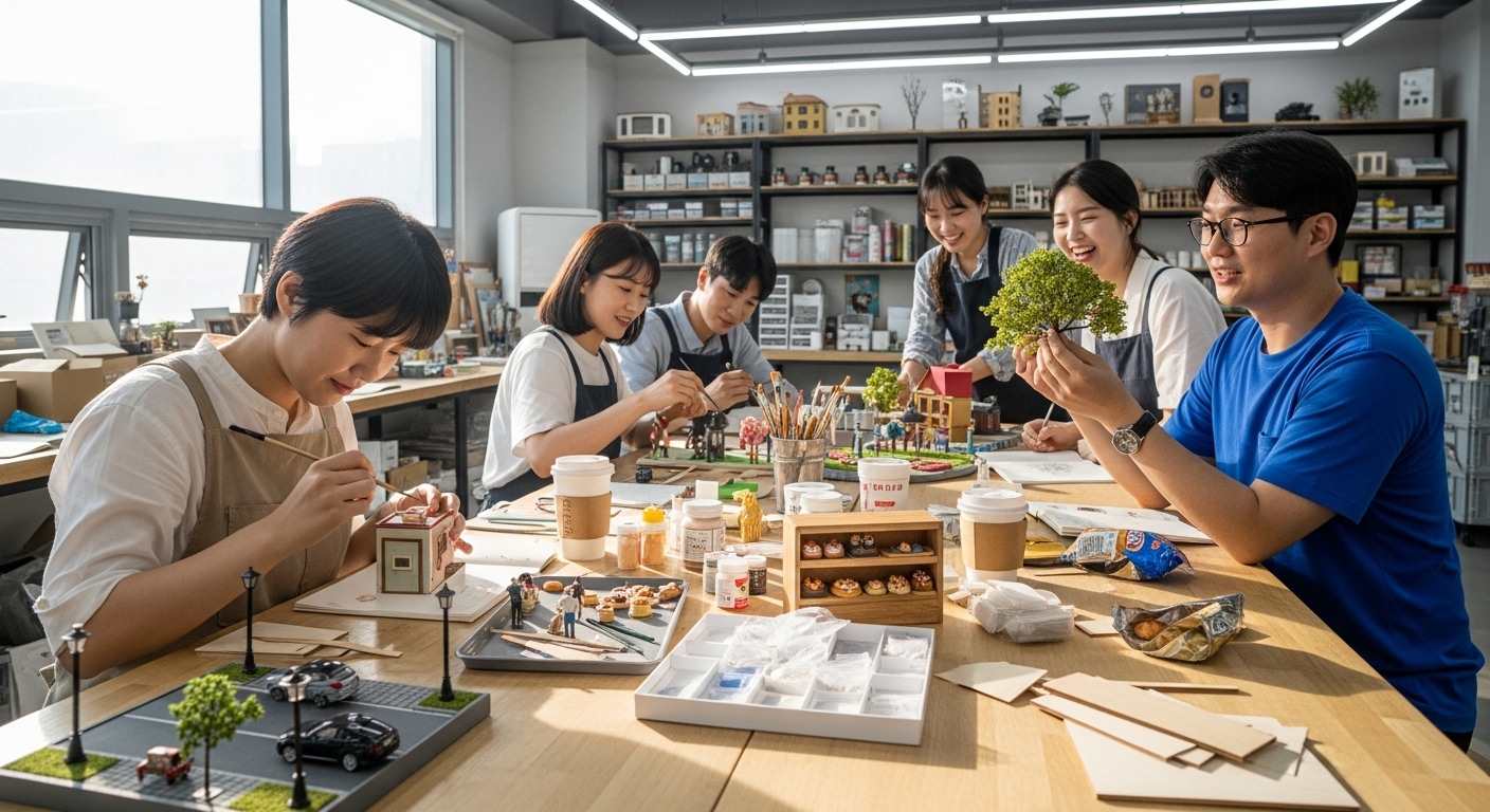 밝은 작업실에서 미니어처를 만들며 아이디어를 공유하는 젊은이들