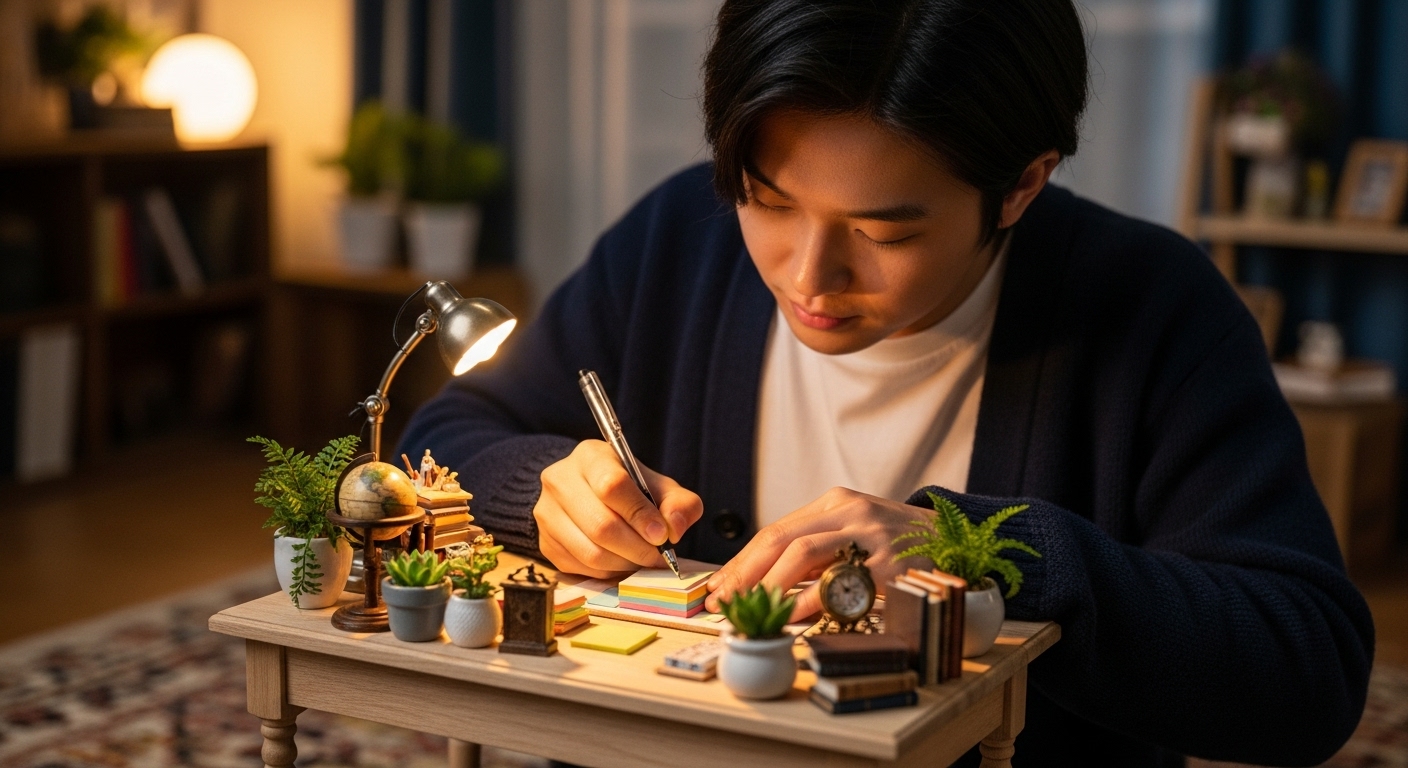아늑한 방 안의 작은 책상에서 메모를 적는 사람의 모습