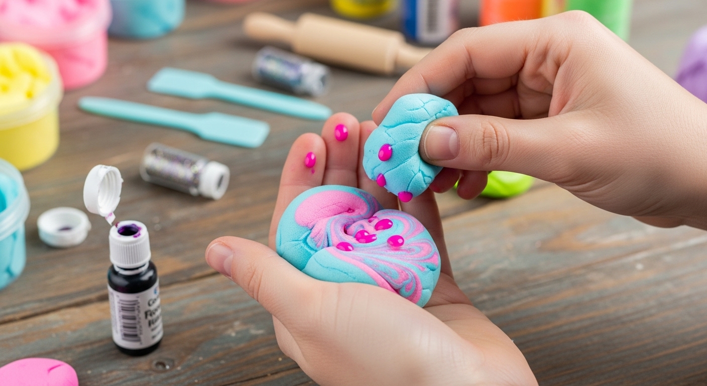 다양한 DIY 도구와 파스텔 색상의 폼클레이 혼합 장면