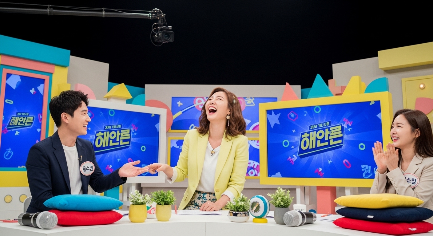 다양한 예능 프로그램 촬영 현장에서 한국 여성 연예인이 동료들과 활발하게 교류하는 모습