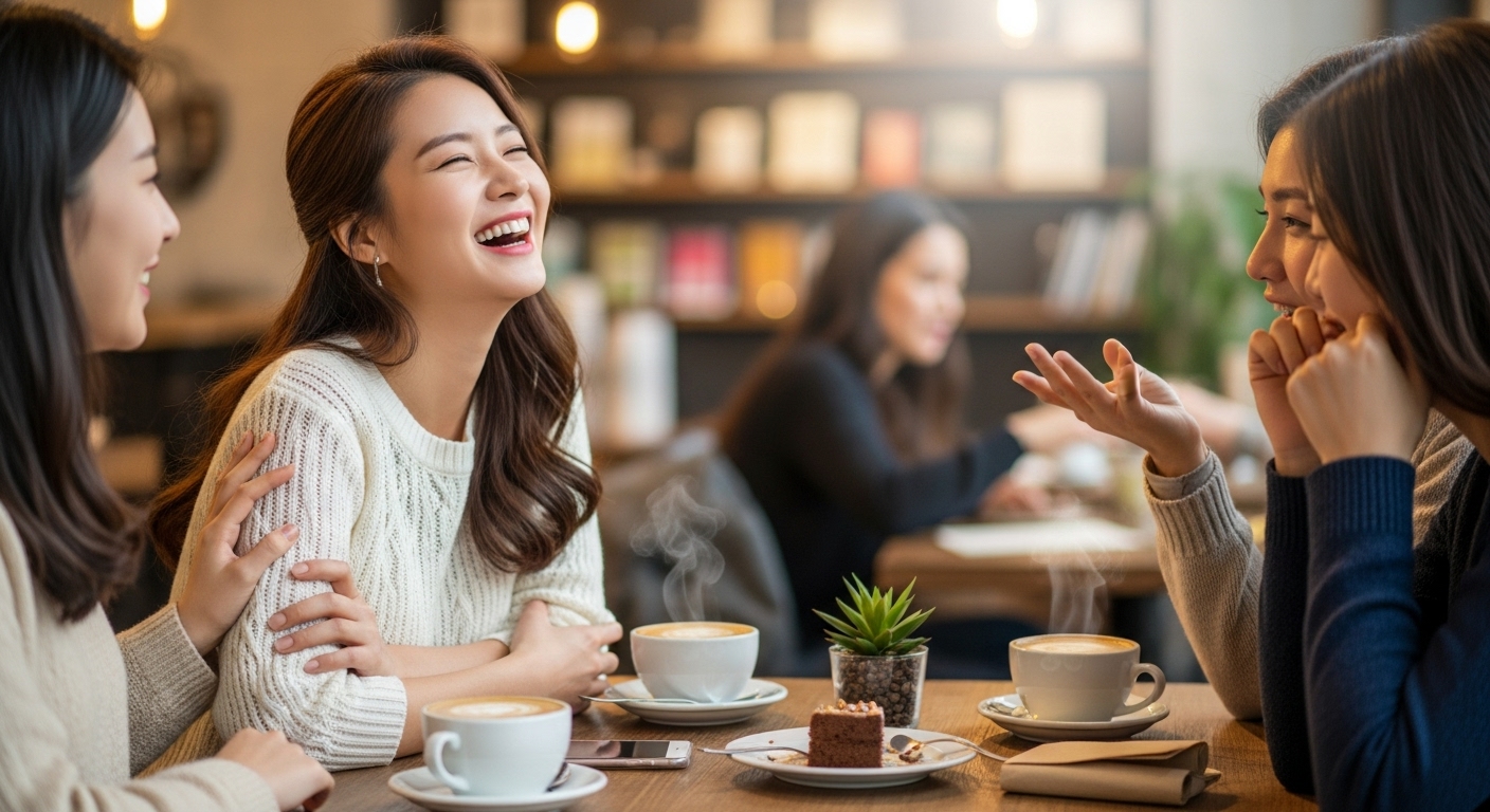 아늑한 카페에서 친구들과 웃음을 나누며 진정성을 드러내는 순간