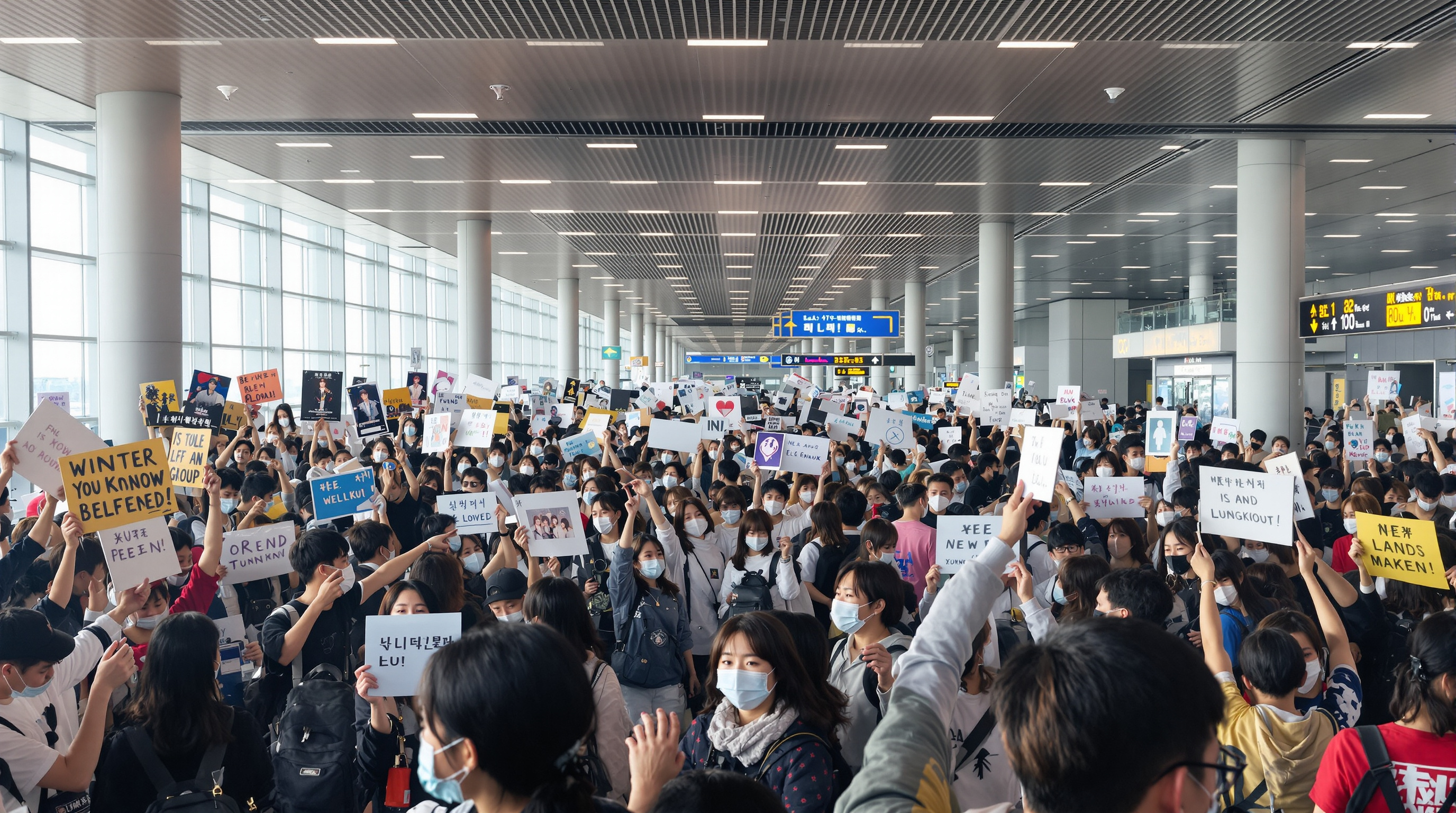 일본 공항 터미널에서 팬들이 윈터와 정국을 응원하는 현수막과 팻말을 들고 있는 모습