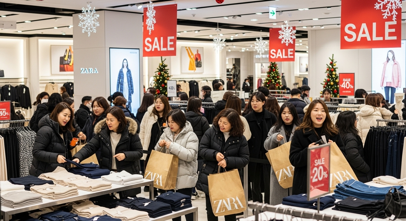 활기찬 쇼핑몰에서 자라 연말 세일을 즐기는 사람들