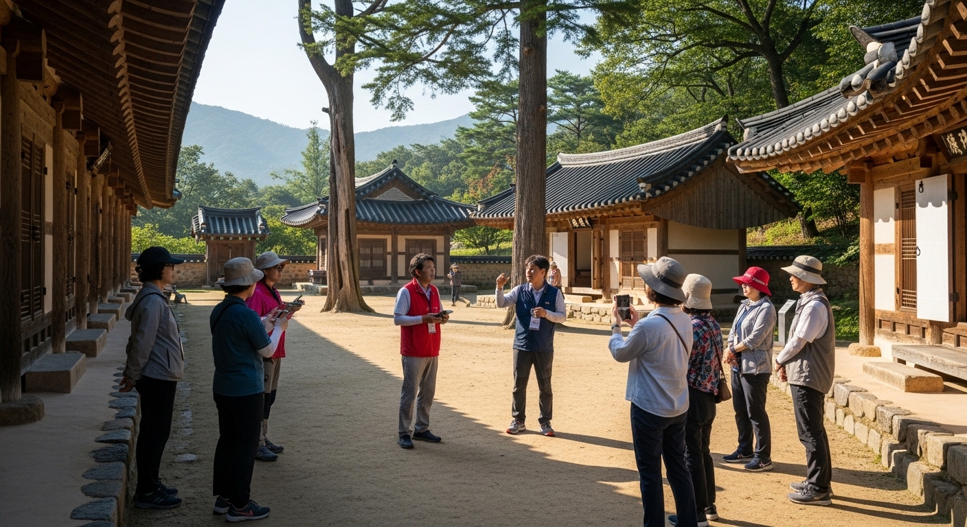 관광객이 적은 문화유산을 배경으로 지역 가이드가 소규모 그룹에게 설명하는 장면