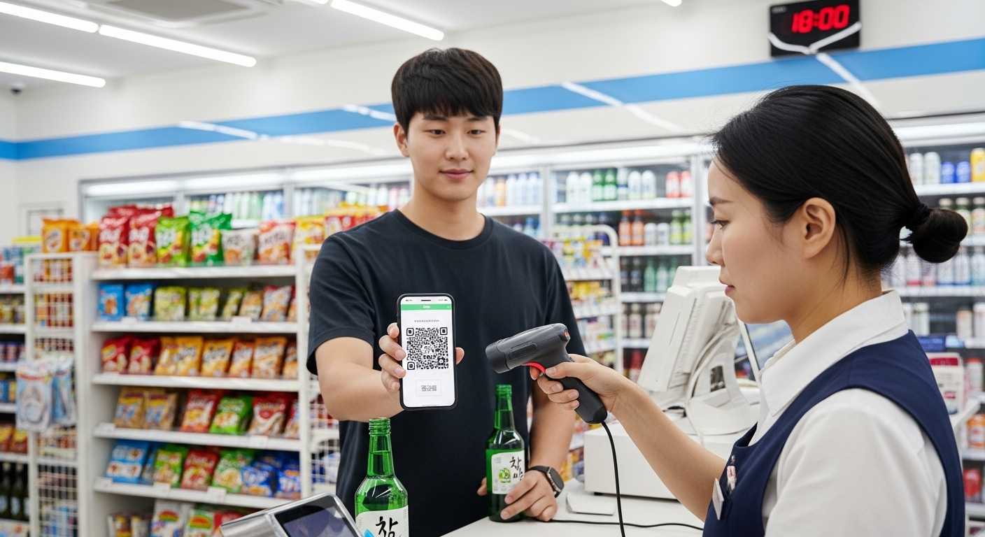 편의점 카운터에서 스마트폰으로 성인 인증을 받으며 주류를 구매하는 젊은 남성