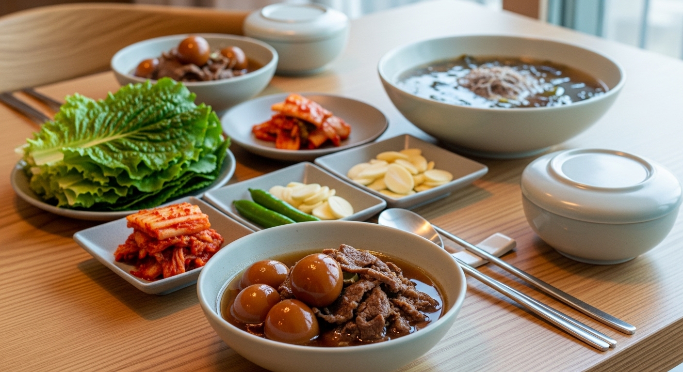 현대 한국 식탁에 메추리알장조림과 신선한 재료가 함께 있는 모습