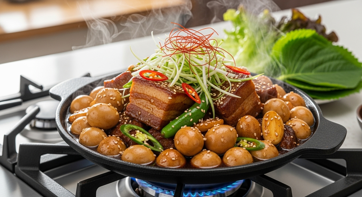 삼겹살과 메추리알이 함께 졸여져 맛있는 소스에 담긴 트렌디한 한국 요리