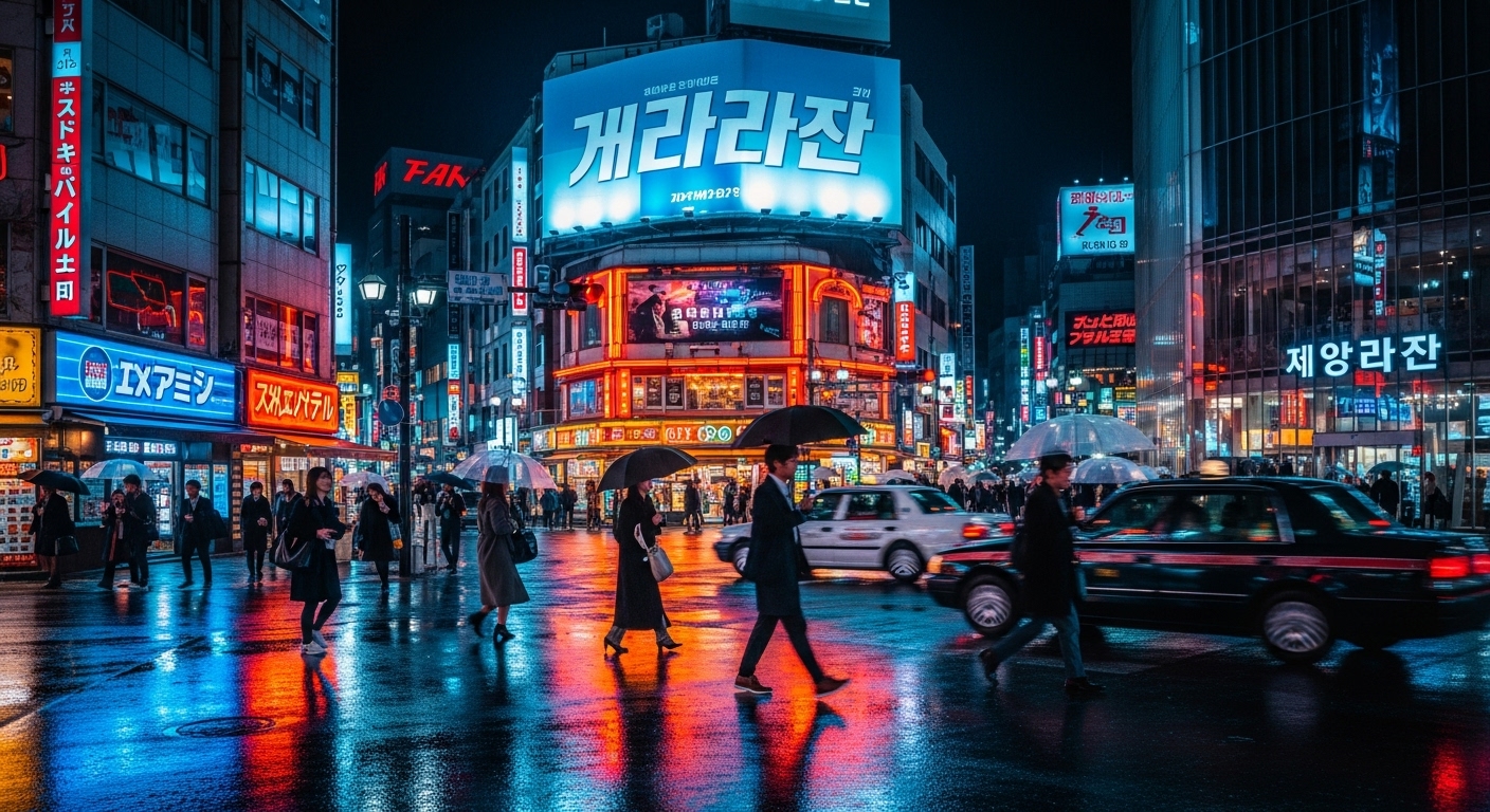 도쿄 거리의 영화 '국보' 광고판과 현대적인 패션의 행인들