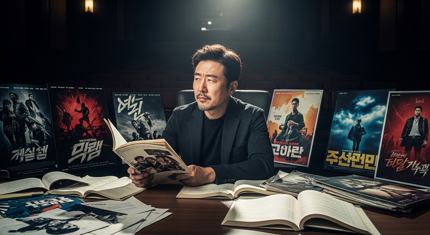 현대적 영화감독이 영화 스크립트와 포스터로 둘러싸인 모습