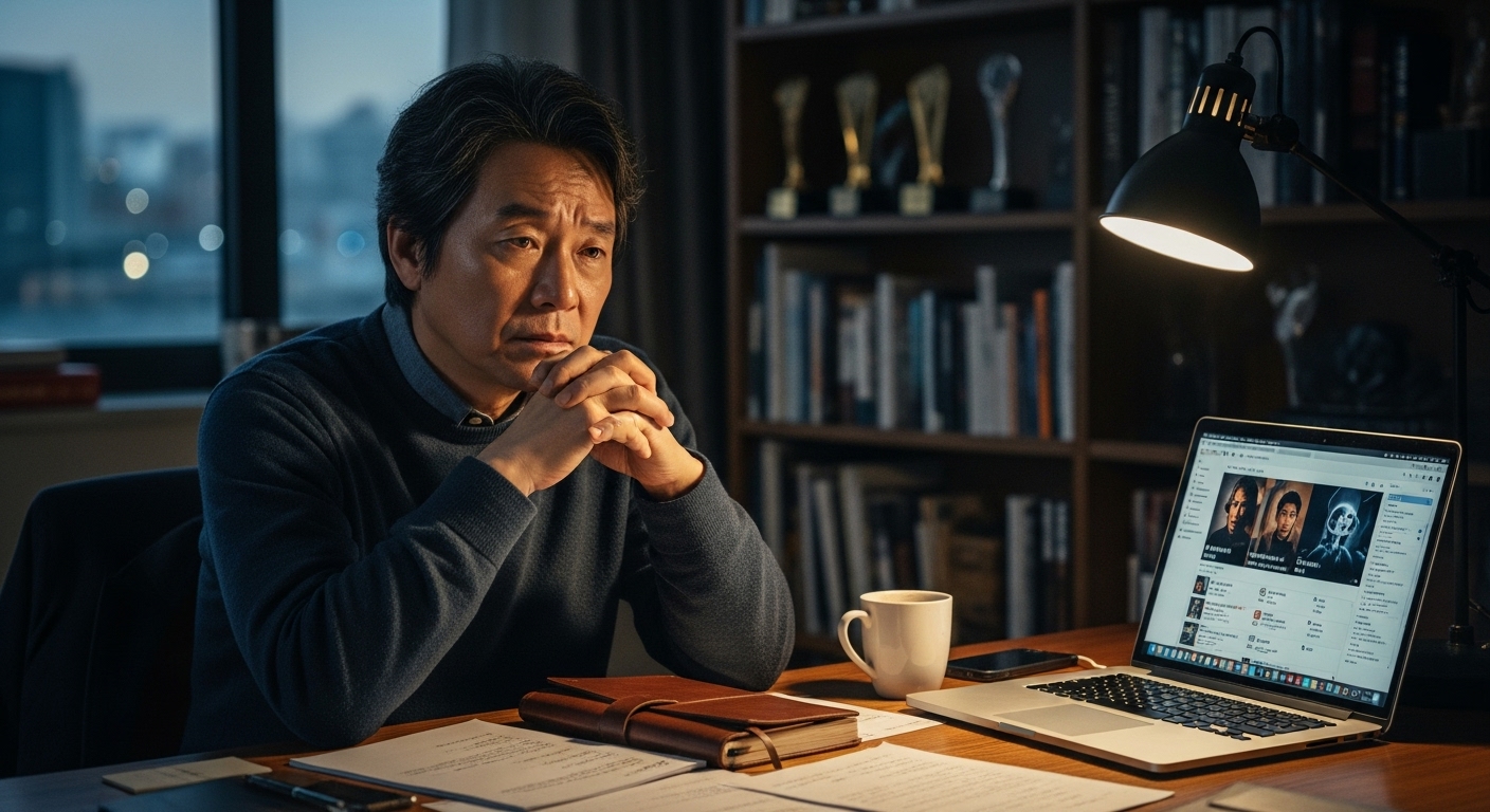 책상 앞에서 노트와 노트북을 보며 사색에 잠긴 한국 영화감독